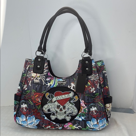 Ed Hardy Black and Red Shoulder Bag with Tattoo-Inspired Design - Picture 1 of 11